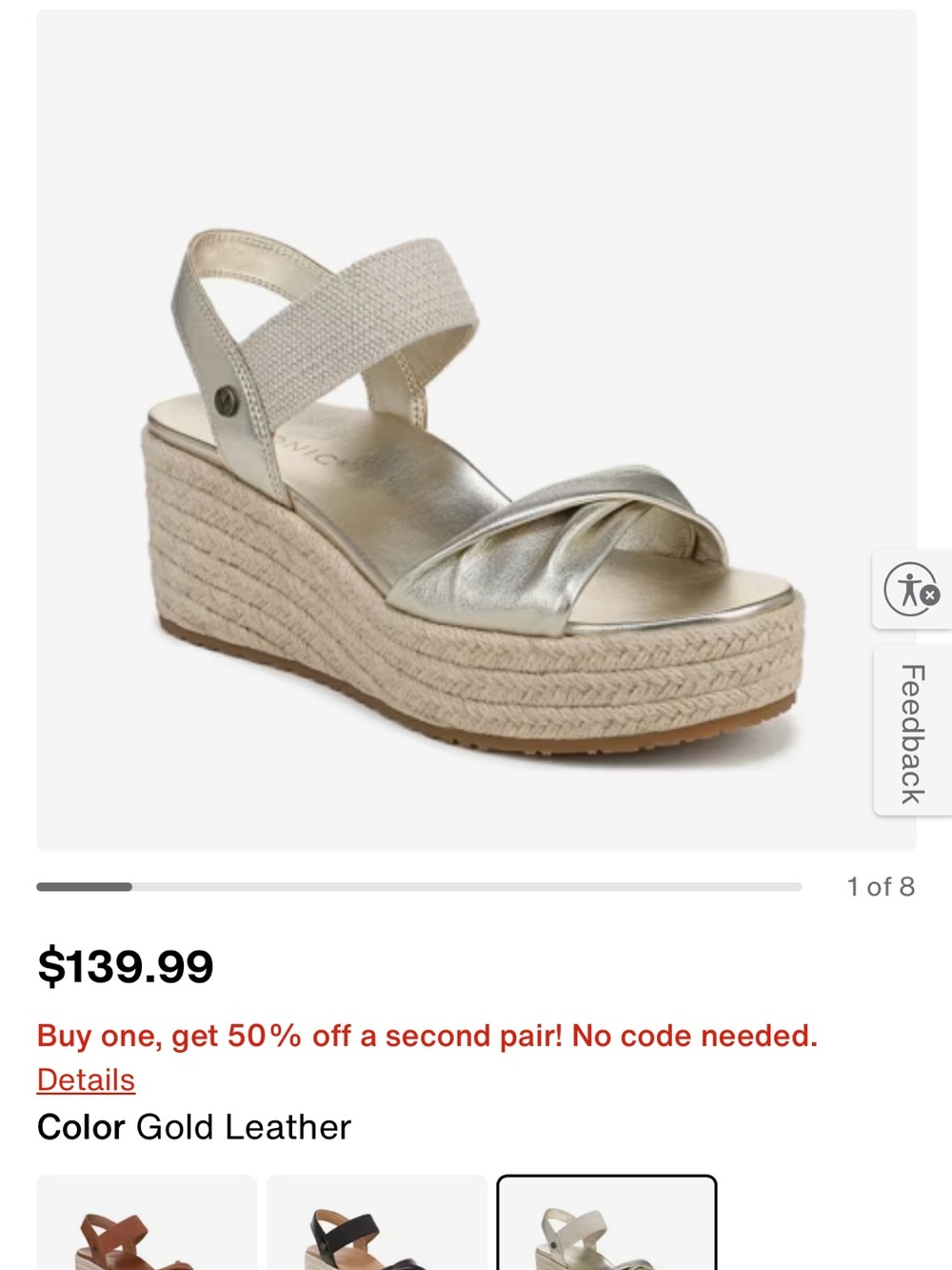 Vionic Gold Metallic Espadrille Wedge Sandals - Picture 8 of 10